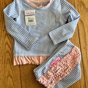 RuffleButts Girls Blue & White Stripe Long-Sleeve Rashguard Set with Pink Ruffle